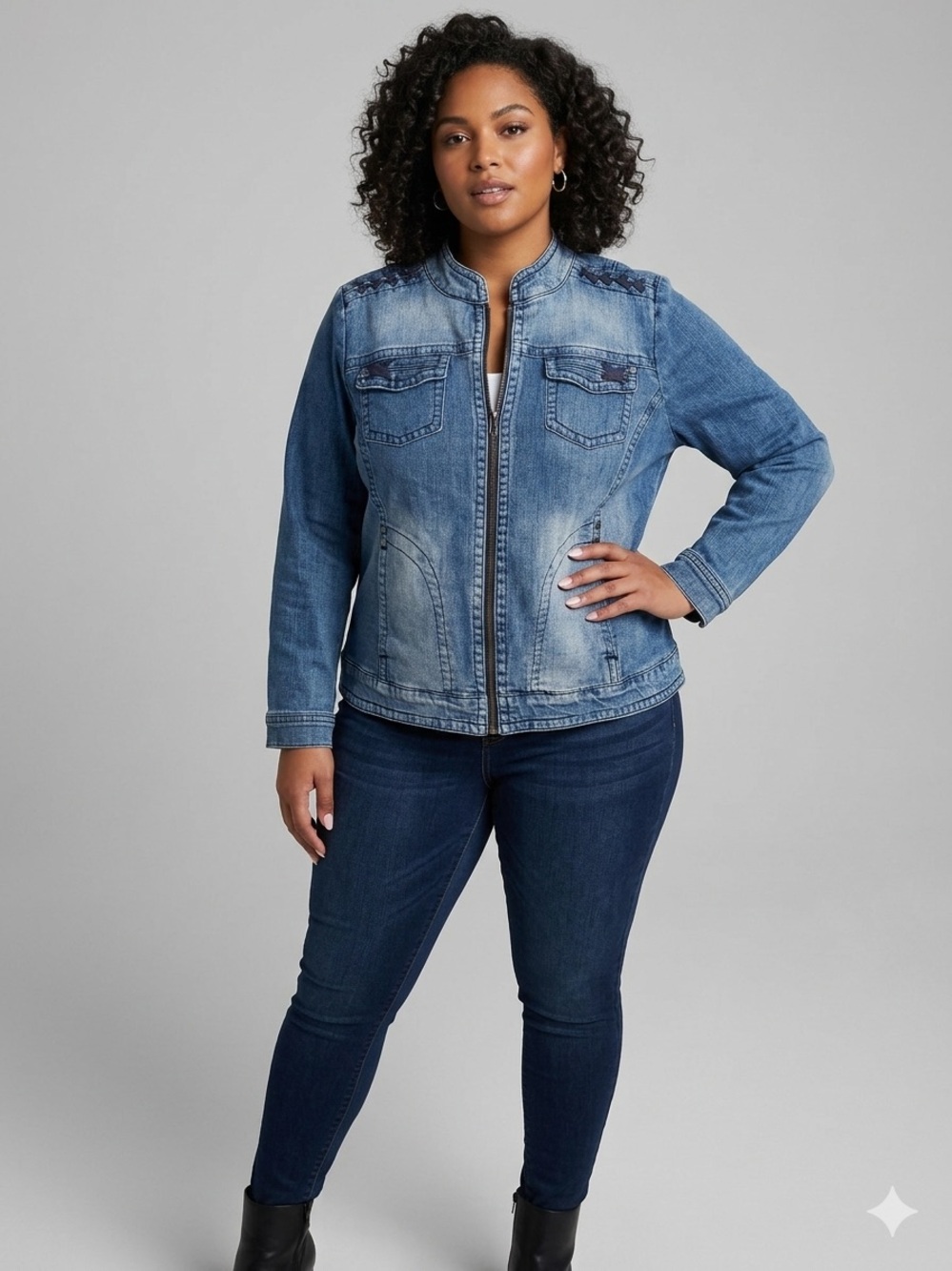 Lane Bryant Zip-Front Denim Jacket - Lace-Up Corset Shoulders - Size 18/20W